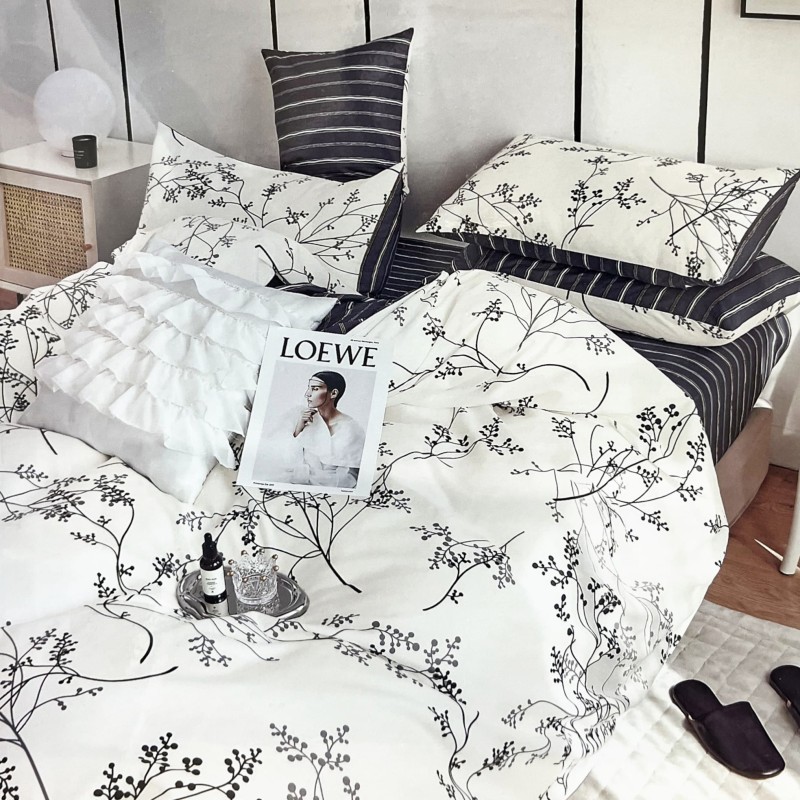 Pościel Bawełniana Mengtianzi 160x200 Biała w Gałązki B-1384