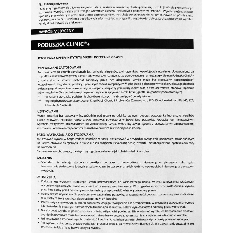 Poduszka Clinic®+ 50x80 Medyczna Antyalergiczna