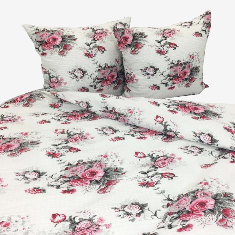 Pościel Bawełniana z Kory 220x200 Biała w Różowe Kwiaty 2562