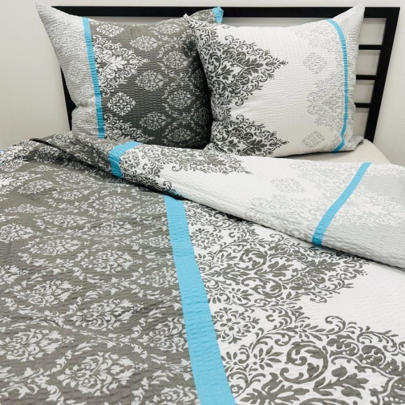 Pościel Bawełniana z Kory 220x200 Biało-Szara Ornament 2584