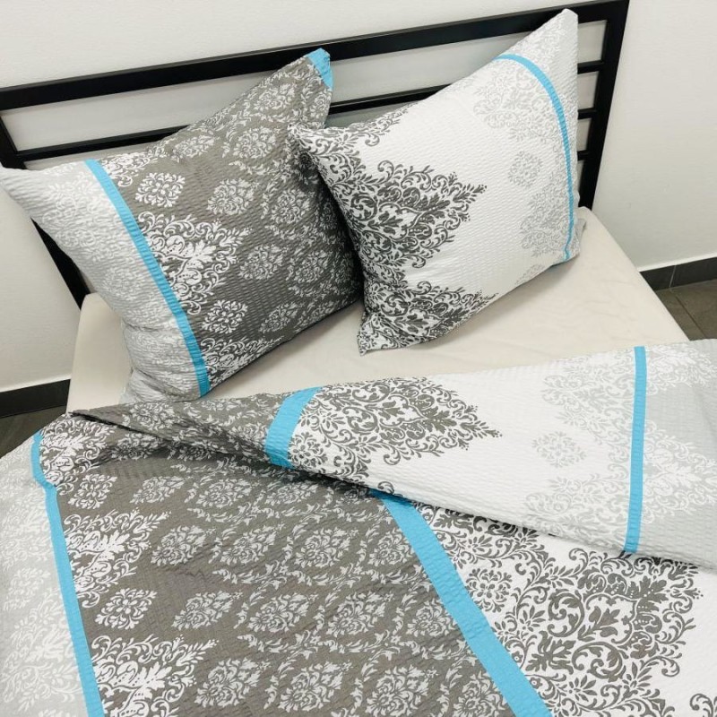 Pościel Bawełniana z Kory 220x200 Biało-Szara Ornament 2584