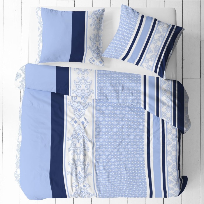 Pościel Bawełniana z Kory 180x200 Niebieski Ornament 1861