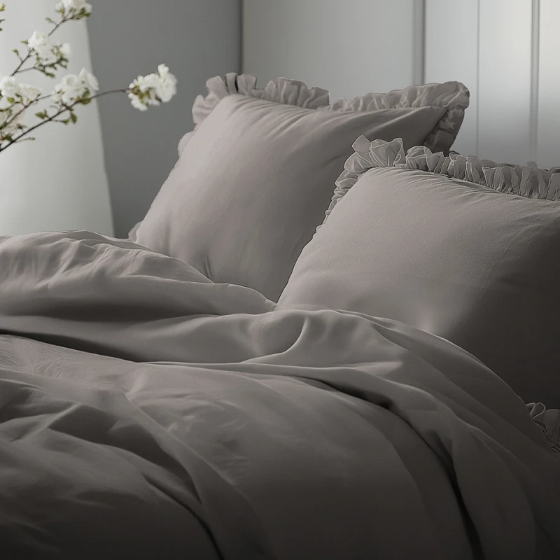 Pościel Bawełniana Pure z Falbaną 160x200 Ciepły Szary