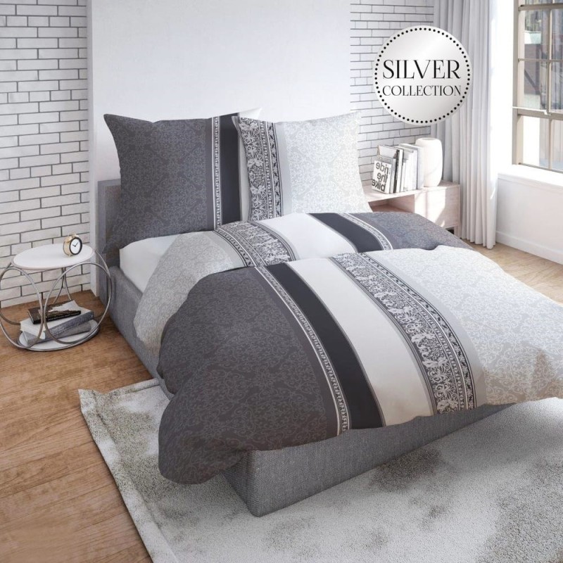 Pościel Satyna Bawełniana 160x200 Biało-Grafitowa 12311B